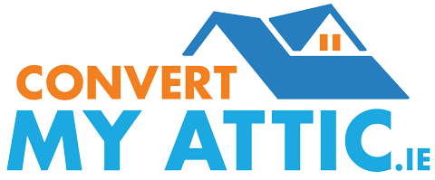 A blue and orange logo for convert my attic.ie