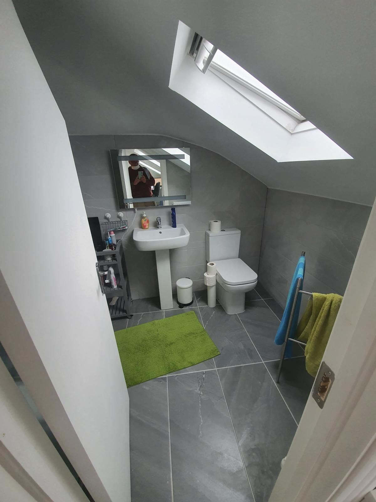 A bathroom with a skylight and a sink and toilet