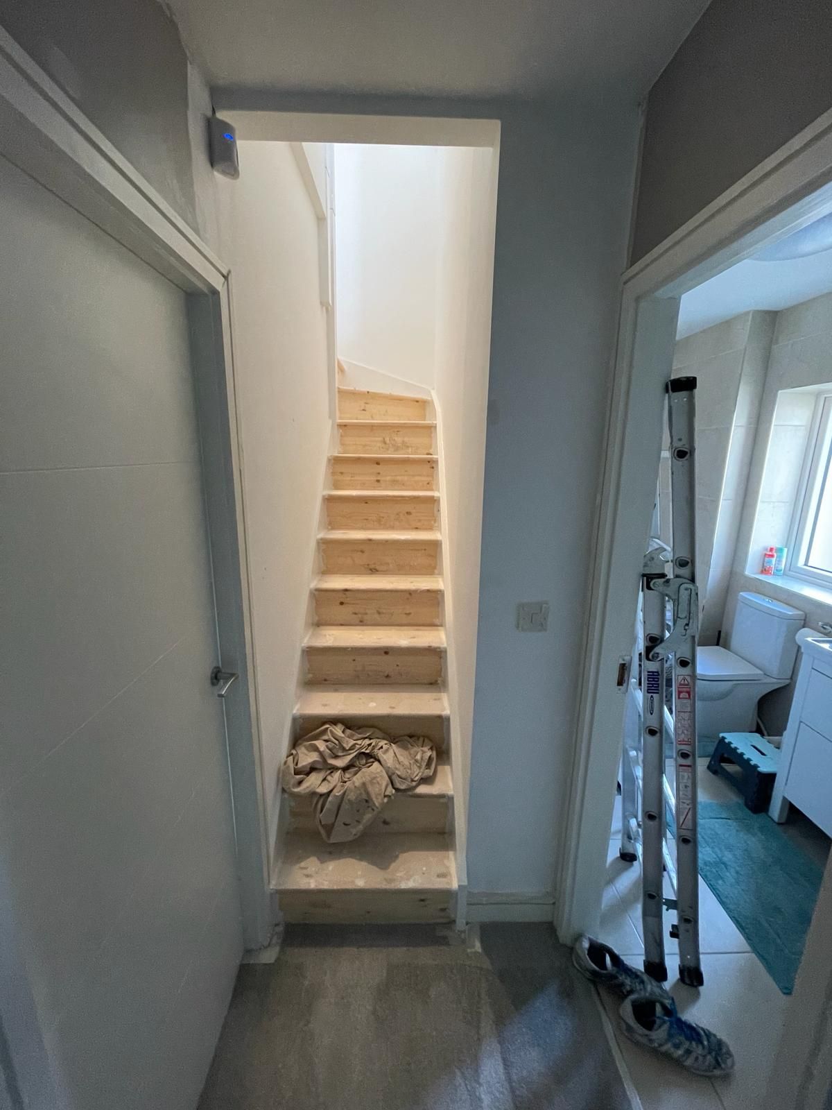 A hallway with stairs leading to a bathroom and a ladder.