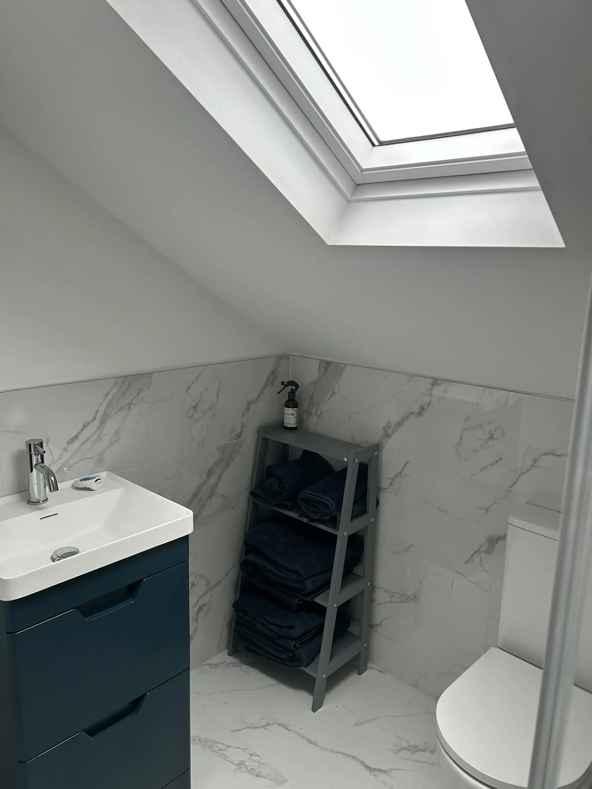 A bathroom with a sink , toilet , and skylight.