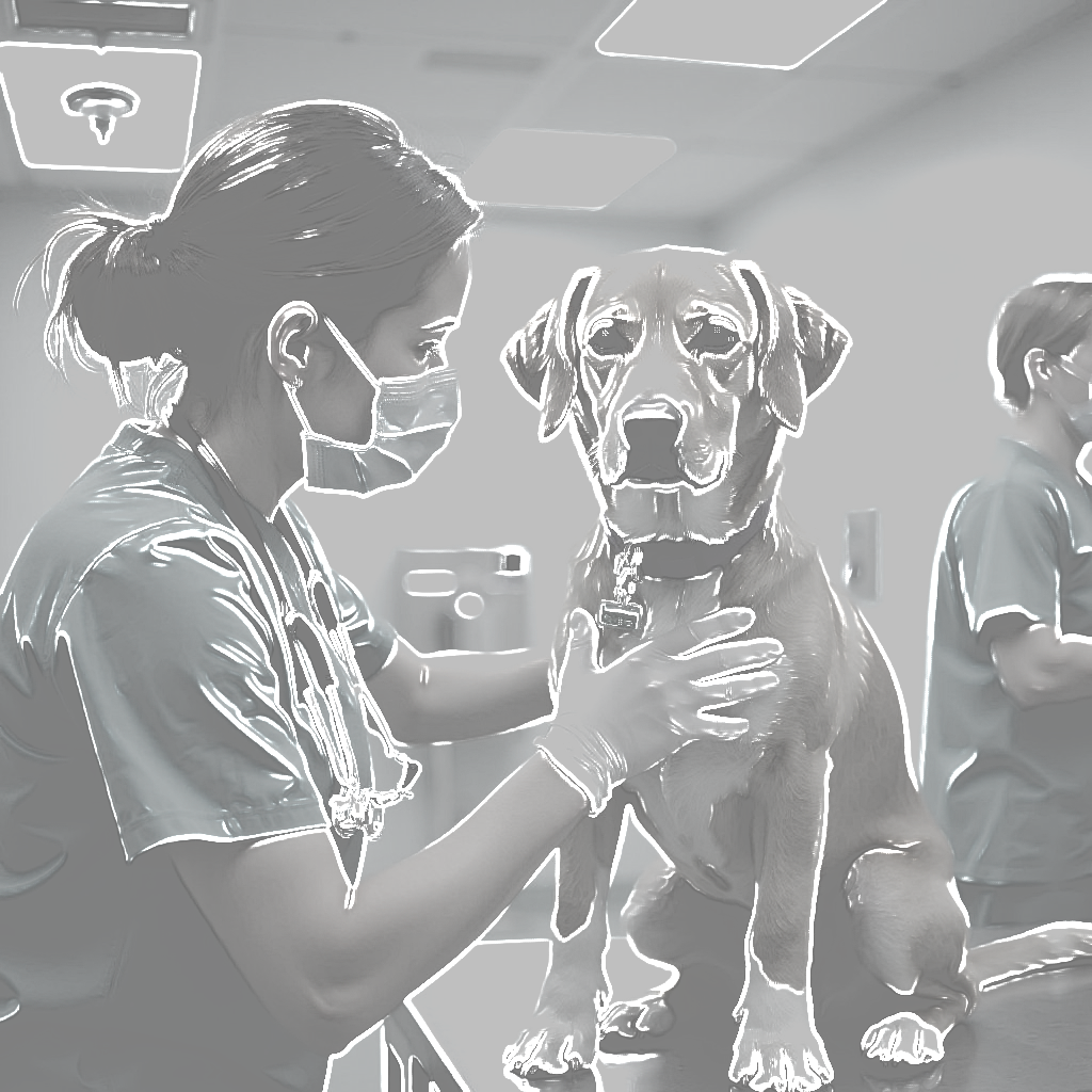 Veterinarian in scrubs examines a dog in an exam room.