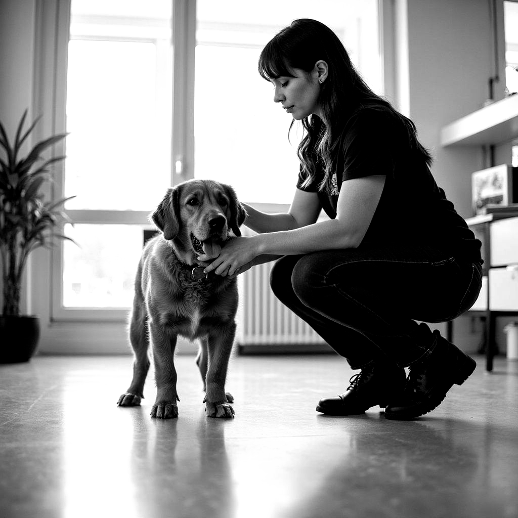 Woman petting a dog indoors, kneeling. Dog is standing. Natural light from a window in the background. Black and white.