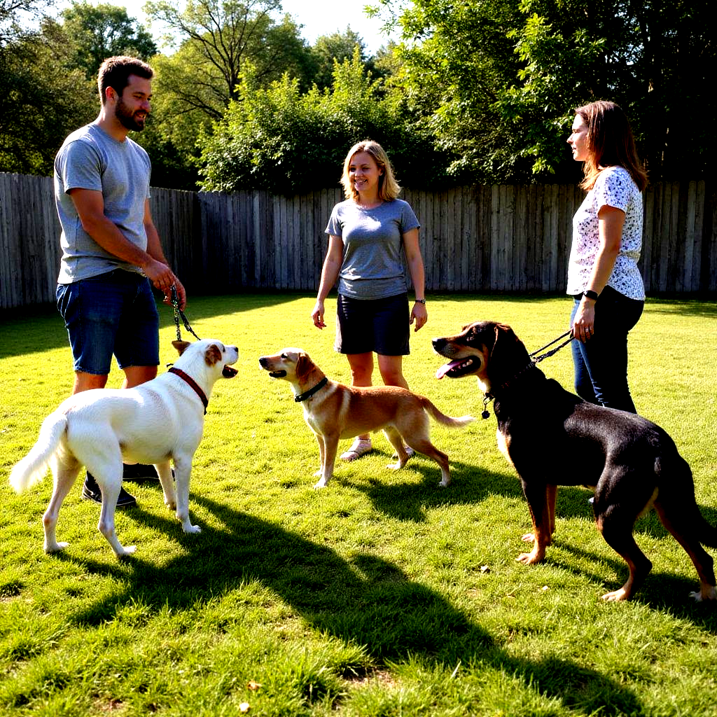 People with dogs outdoors: two men, two women, and three dogs. The dogs are on leashes.