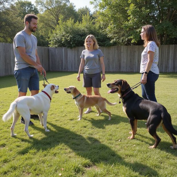 Three dogs and three people in a grassy yard. They are standing in a circle, holding leashes.