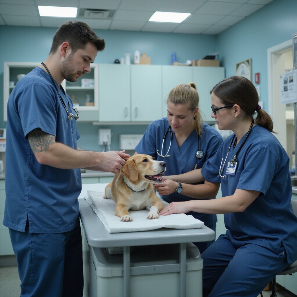 Veterinary staff examine a beagle on a table in a vet clinic. Two wear stethoscopes.