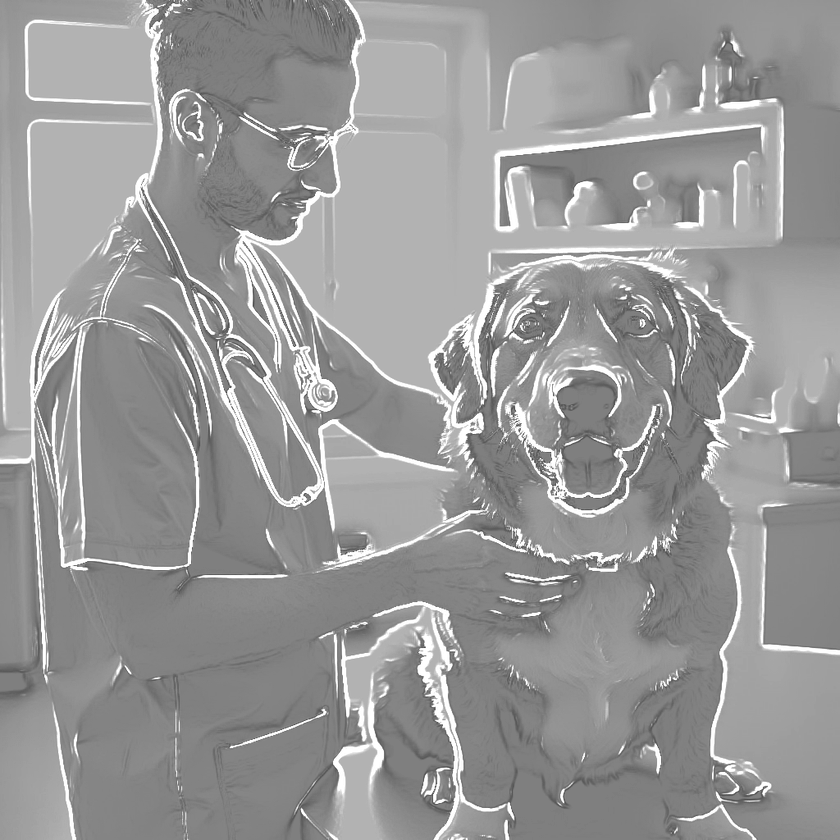 Veterinarian examining a dog in a clinic, both looking towards the viewer, dog sitting.
