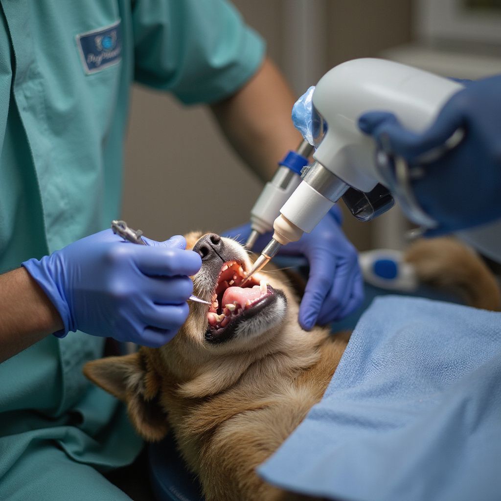 Dog receiving dental care at a vet's office; two people in blue gloves using tools on the dog's mouth.
