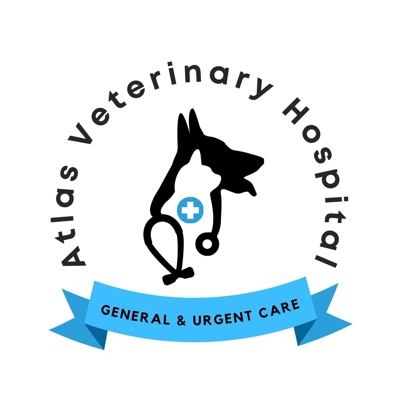 Atlas Veterinary Hospital logo: dog and cat silhouettes with stethoscope, blue cross, and text.