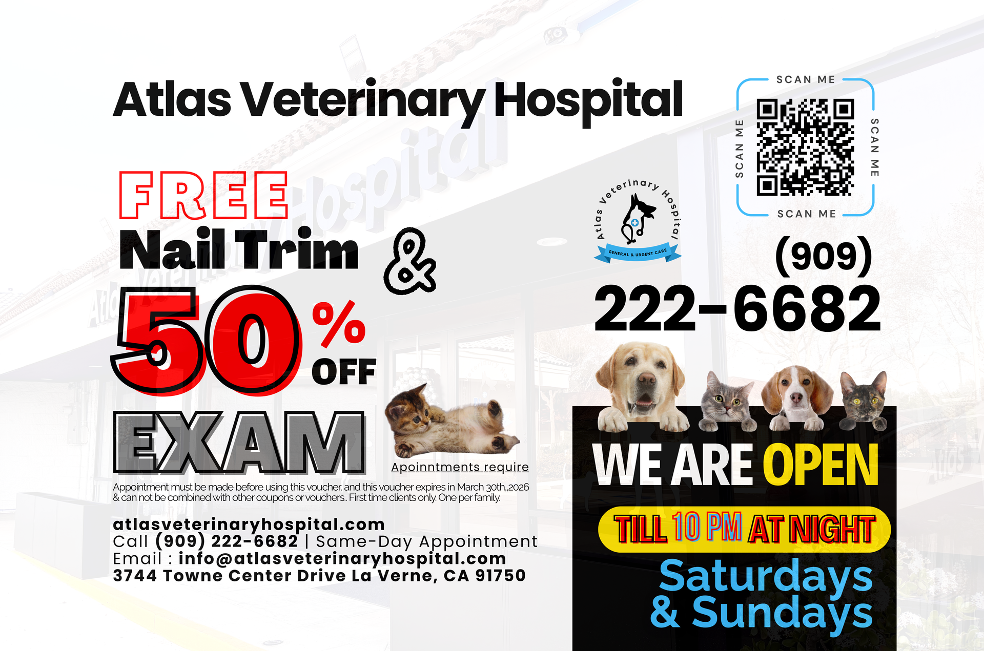 QR code free nail trim and 50% exam service fee off