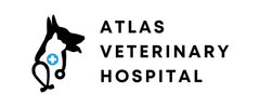 The logo for atlas veterinary hospital shows a dog and a cat with a stethoscope.