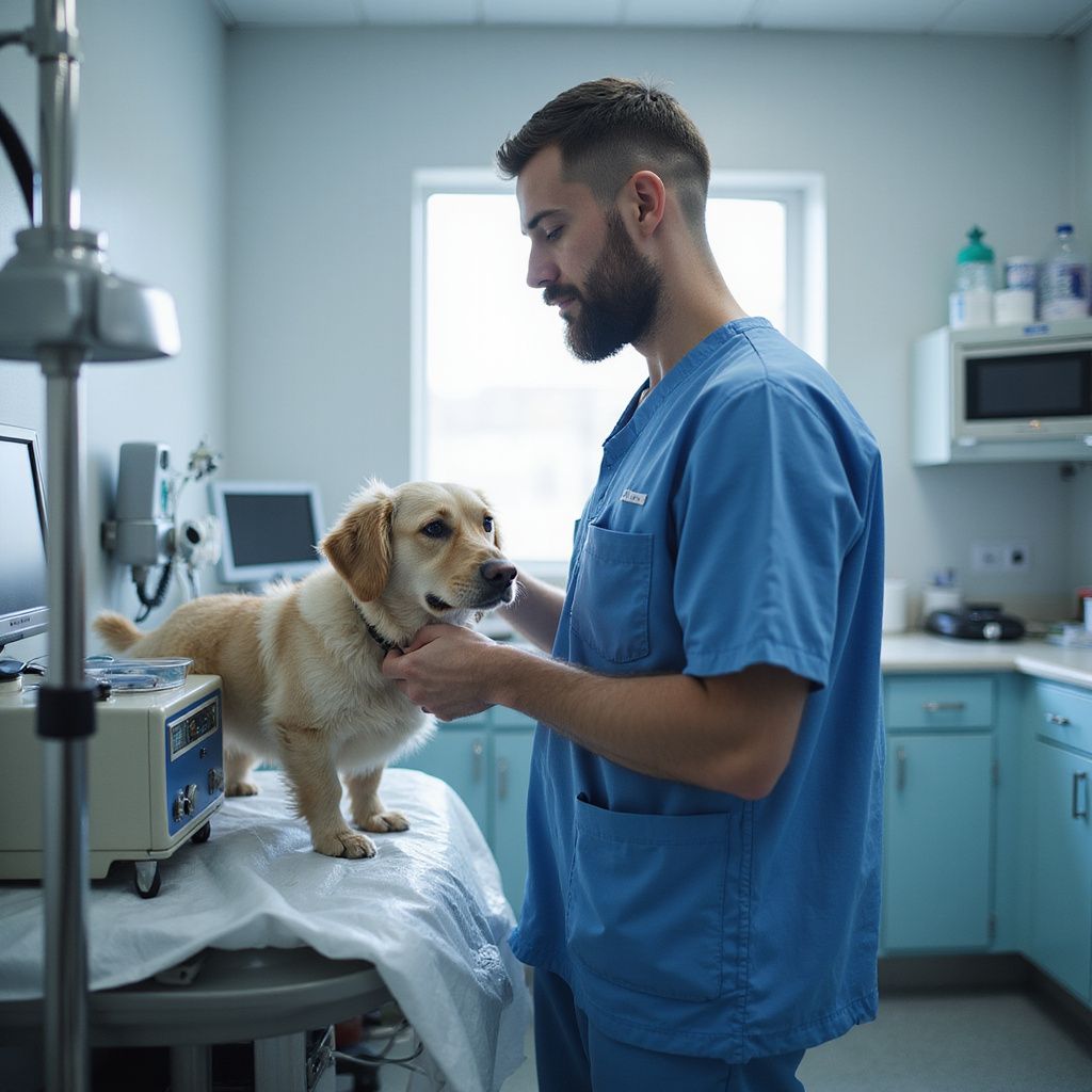Veterinarian in blue scrubs examines a light-colored dog on a medical table in a clinic.