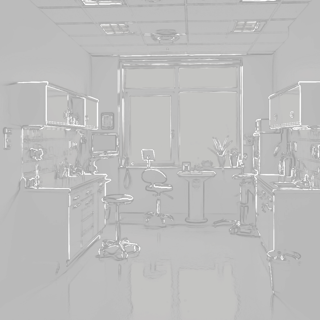 Gray rendering of a lab interior with cabinets, equipment, a window, and a chair.