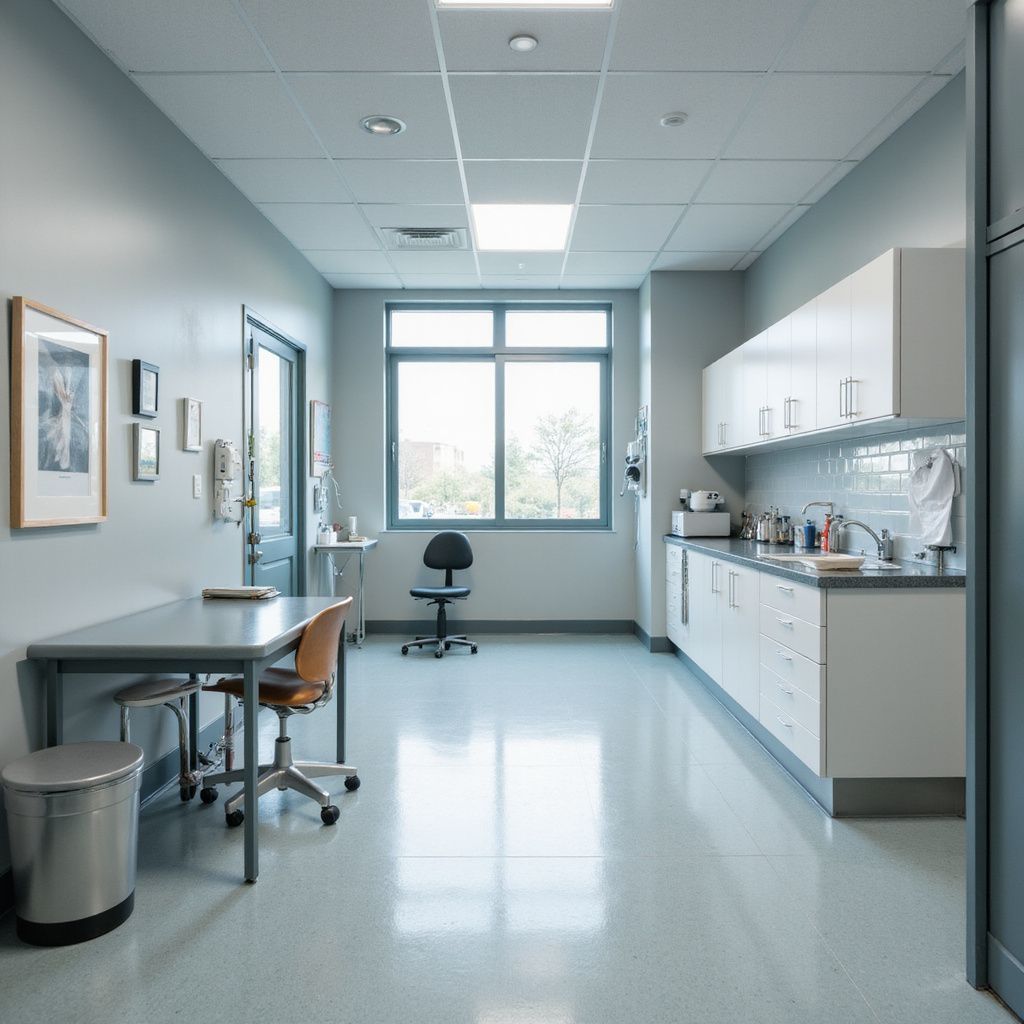 Doctor's office exam room with window, cabinets, desk, chair, and trash can. Light blue walls and floor.