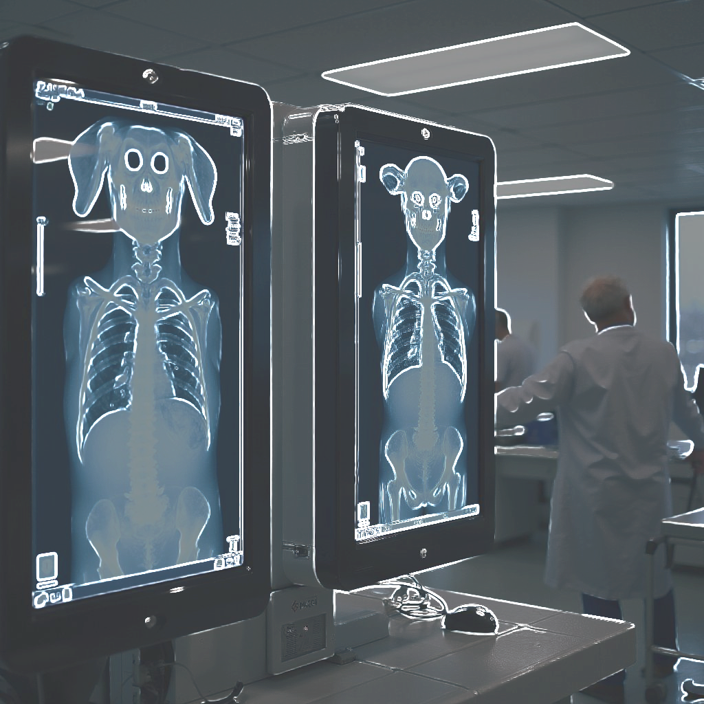 Two x-ray displays showing dog skeletons, a lab with a person in a lab coat, and a bright interior.