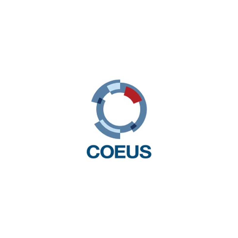 The logo for coeus is a blue circle with a red circle in the middle.