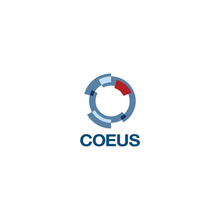 The logo for coeus is a blue circle with a red circle in the middle.