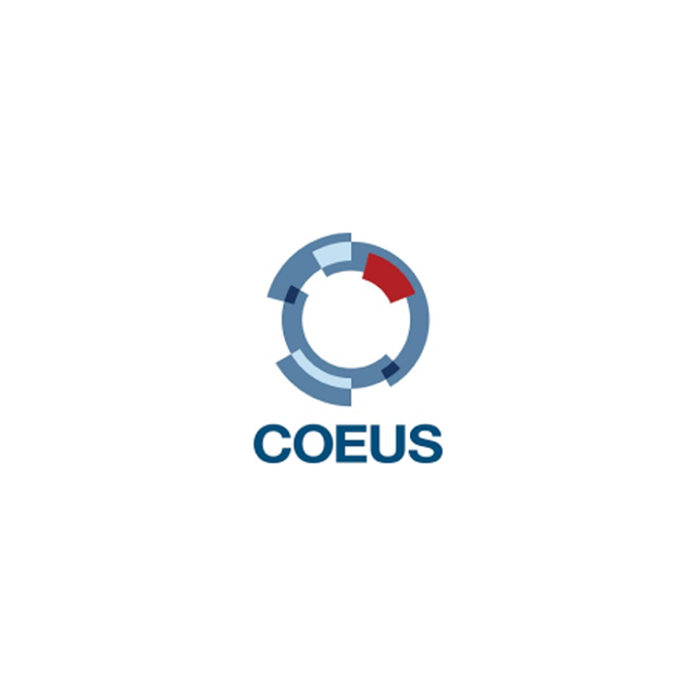 The logo for coeus is a blue circle with a red circle in the middle.