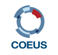 The logo for coeus is a blue circle with a red circle in the middle.