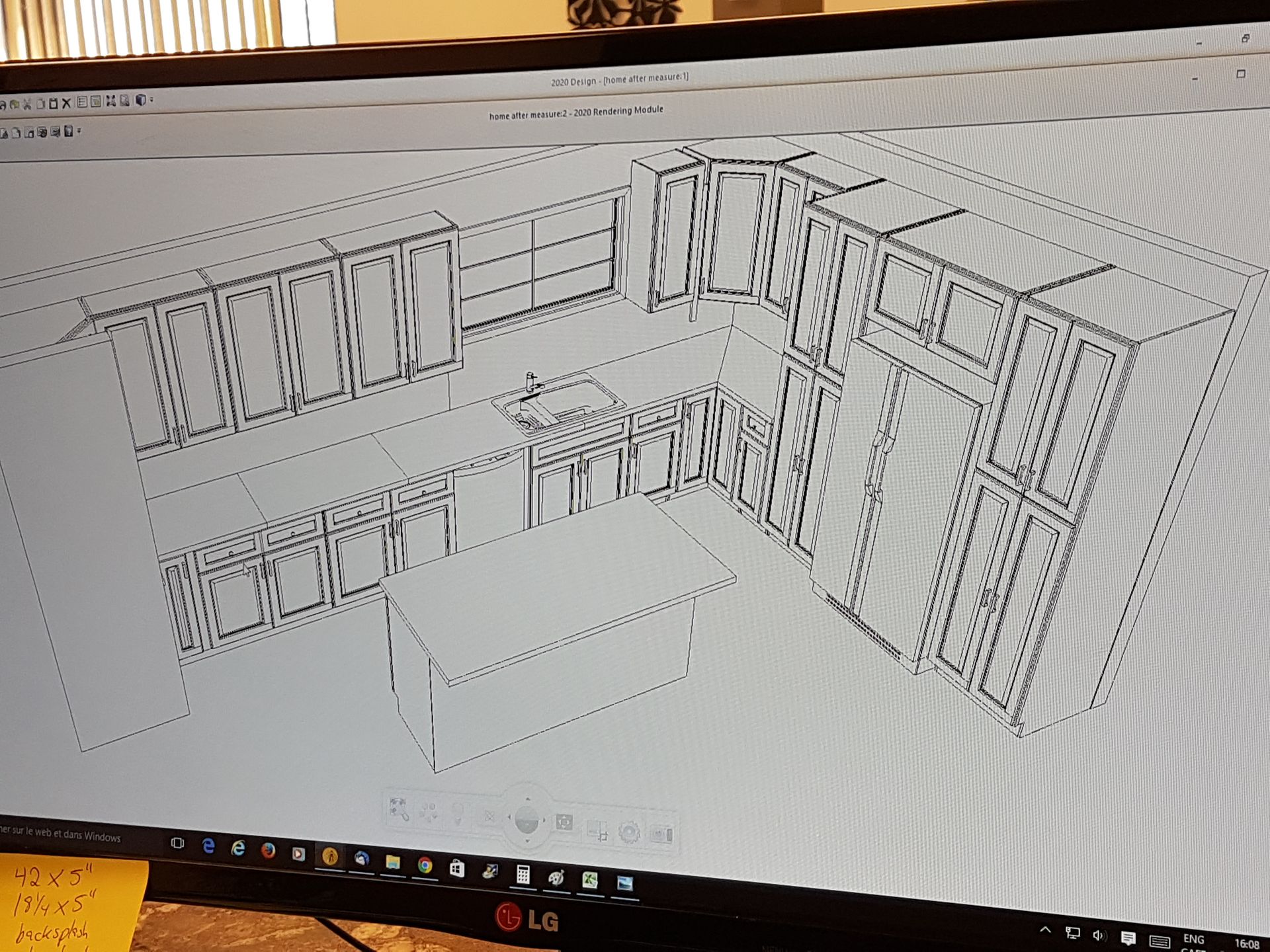 Un écran d'ordinateur affiche une maquette 3D filaire d'une cuisine avec des placards et un îlot.