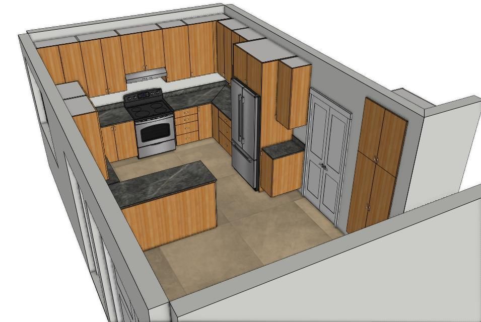 Aménagement de cuisine avec armoires en bois clair, comptoirs foncés et appareils électroménagers en acier inoxydable.