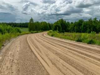 A dirt road with trees on both sides and a cloudy sky in the background.