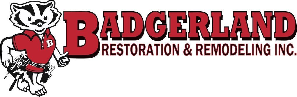 Badgerland Restoration & Remodeling Inc. company logo featuring red and black lettering with a badger mascot wearing a red shirt, representing roofing, remodeling, and restoration services in Wisconsin.
