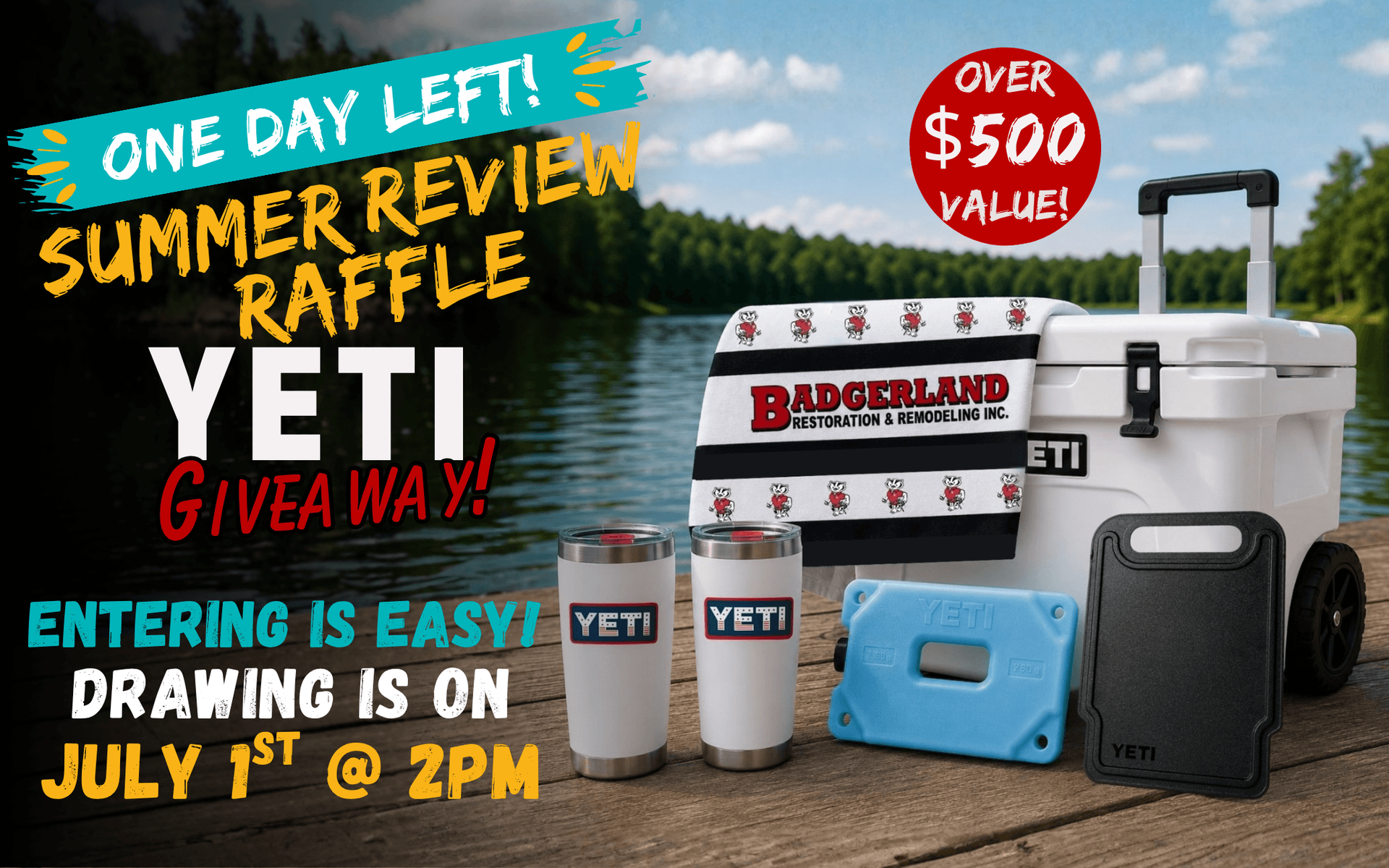 Yeti wheeled cooler, 2 tumblers, an ice pack, a cutting board, and Badgerland Restoration & Remodeling logo beach towel all on a dock with a lake in the background.