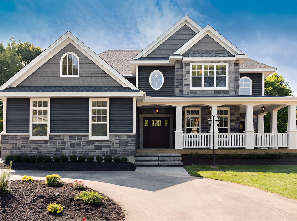 Home exterior showcasing a mix of siding styles and colors, including board and batten, shake accent
