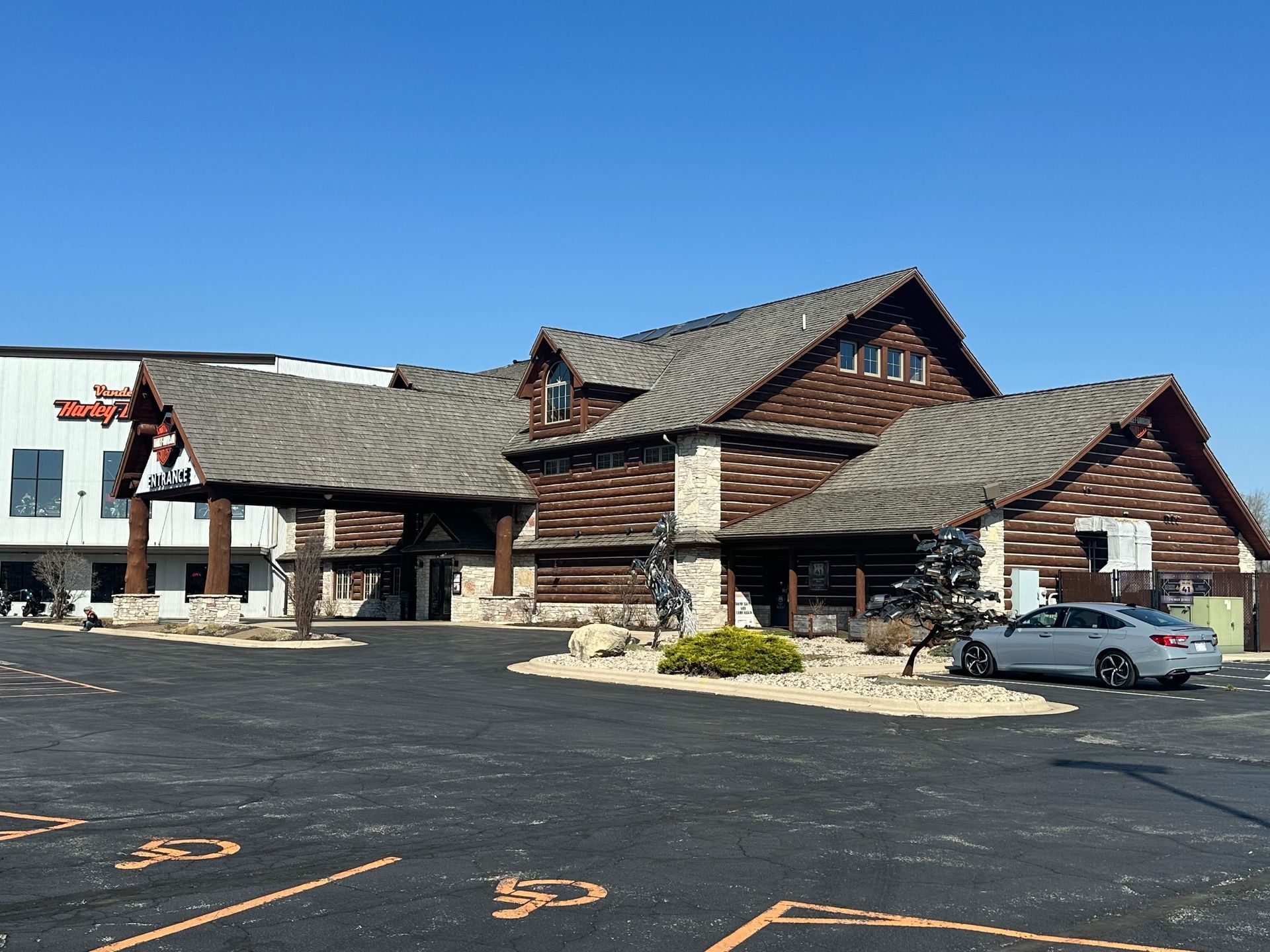 Vandervest Harley Davidson store GAF shingles Weather Wood installed by Badgerland Restoration & Remodeling in Green Bay WI