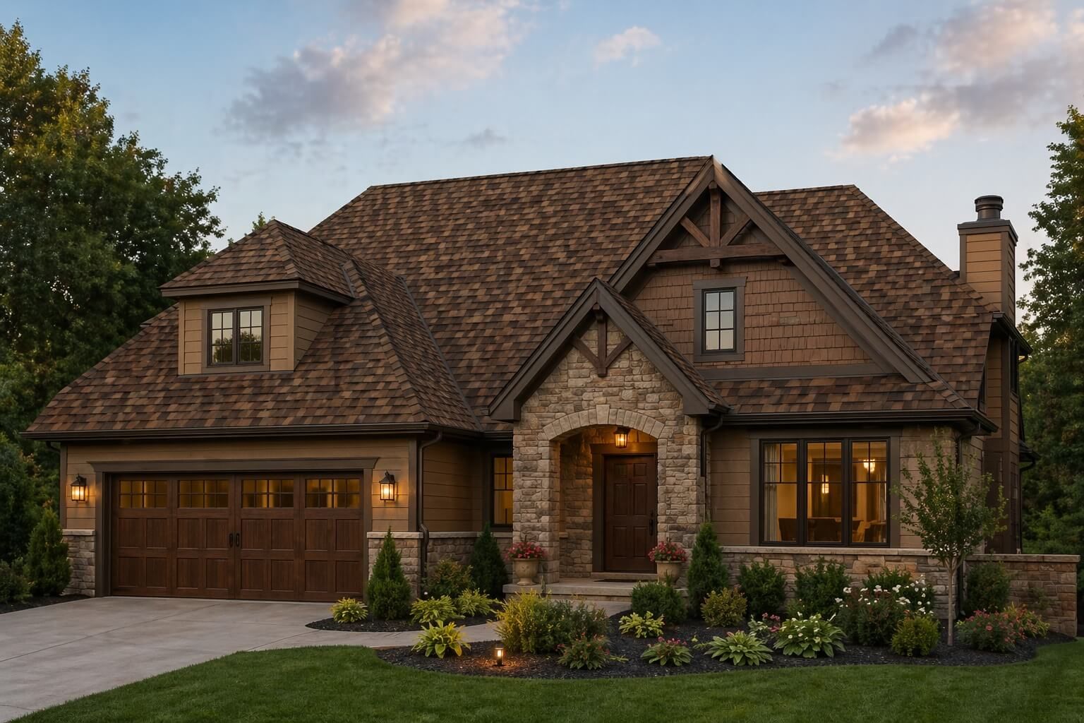 Beautiful Wisconsin residential home featuring GAF Timberline HDZ Chestnut Valley architectural asphalt shingles with rich brown tones, enhanced curb appeal, and durable dimensional roofing design.