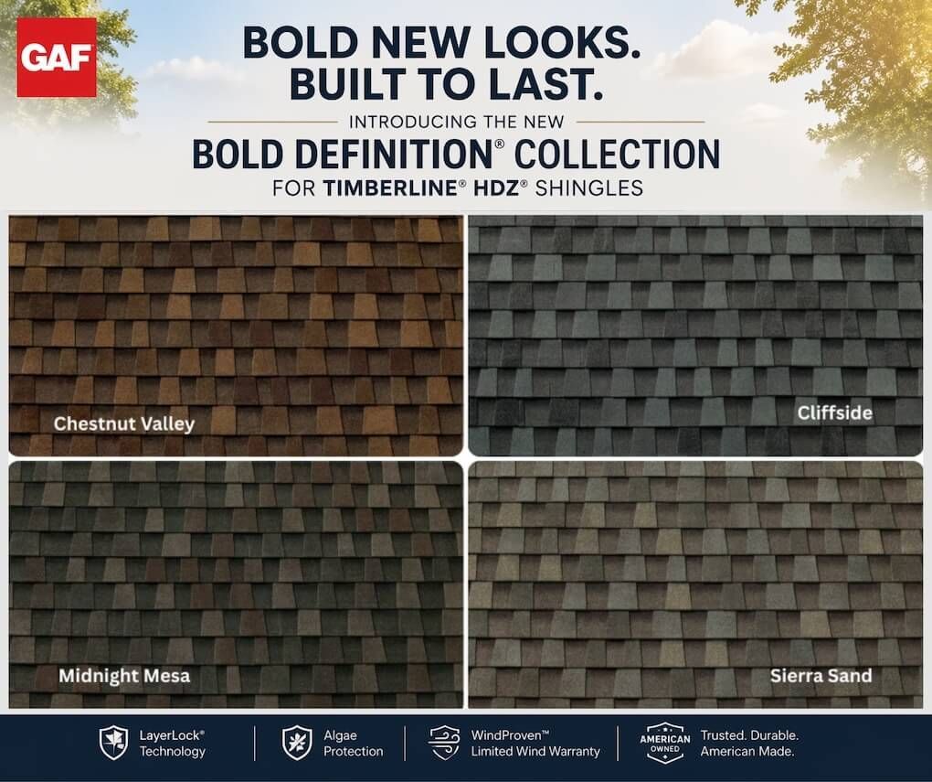 GAF Timberline HDZ Bold Definition Collection featuring four new roofing shingle colors for 2026: Chestnut Valley, Cliffside, Midnight Mesa, and Sierra Sand with architectural asphalt shingle texture samples shown side by side.