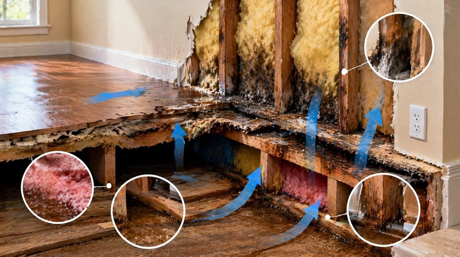Hidden water damage spreading through wall insulation, wood studs, and subfloor in a home, showing how moisture travels behind surfaces