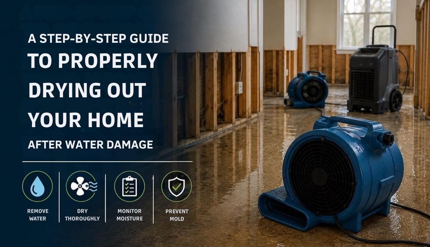 Step-by-step guide to drying out a home after water damage showing flood restoration equipment, exposed wall framing, industrial fans, and dehumidifiers inside a water-damaged Wisconsin home.