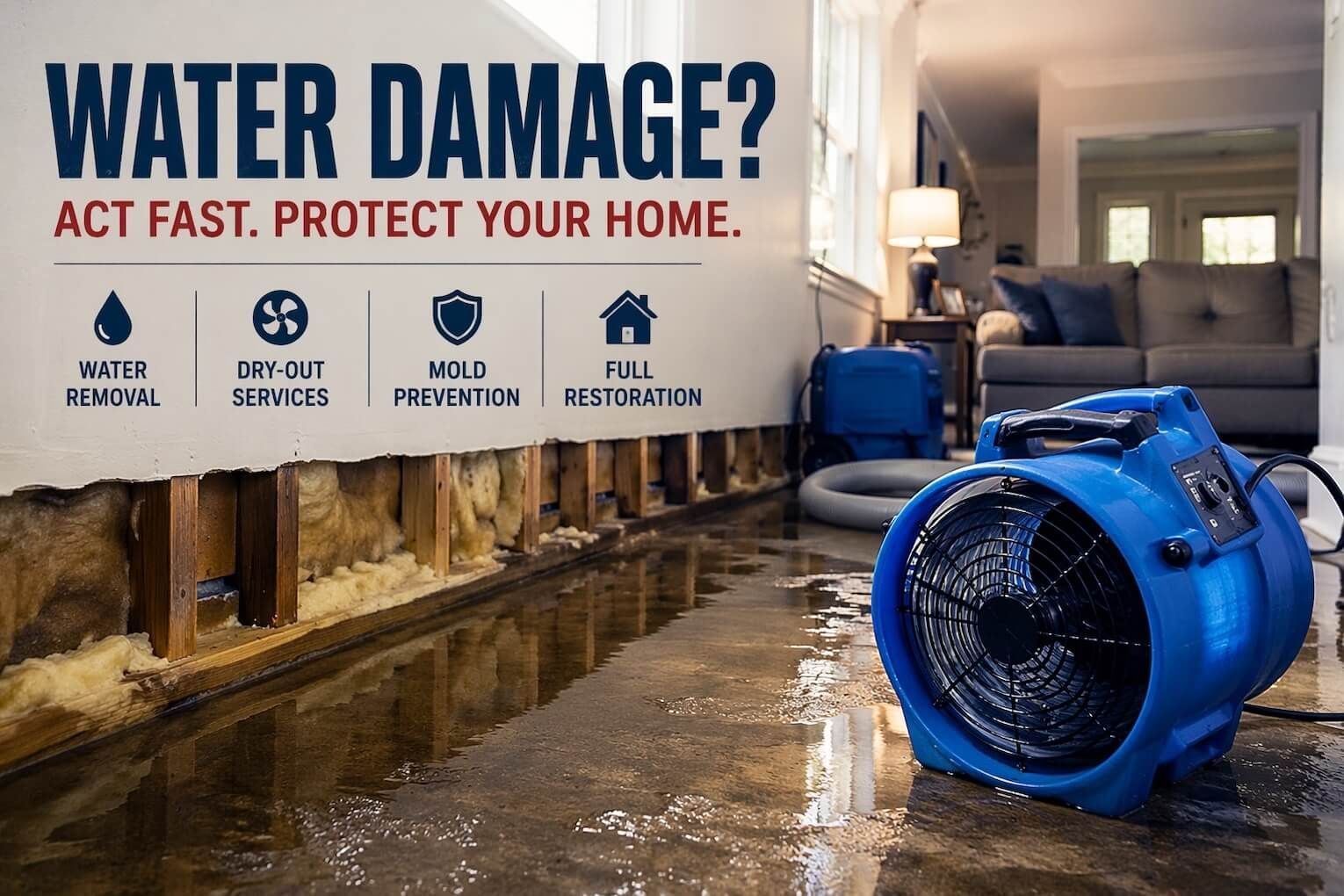 Water damage restoration with industrial air mover & exposed wall showing insulation during dry-out