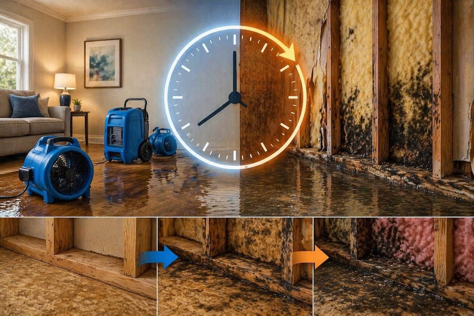 Water damage progression over 24 to 48 hours showing mold growth and structural damage as moisture spreads through walls and flooring