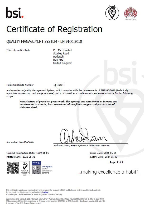 BSI Certificate of Registration: Quality Management System for manufacture of products, including treatment of copper.