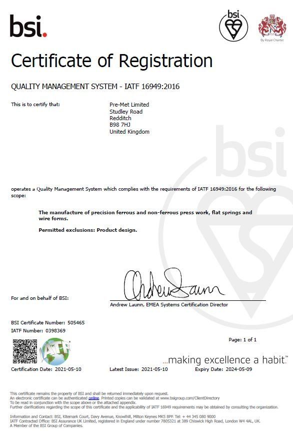 BSI Certificate of Registration, quality management system, with text and a signature.
