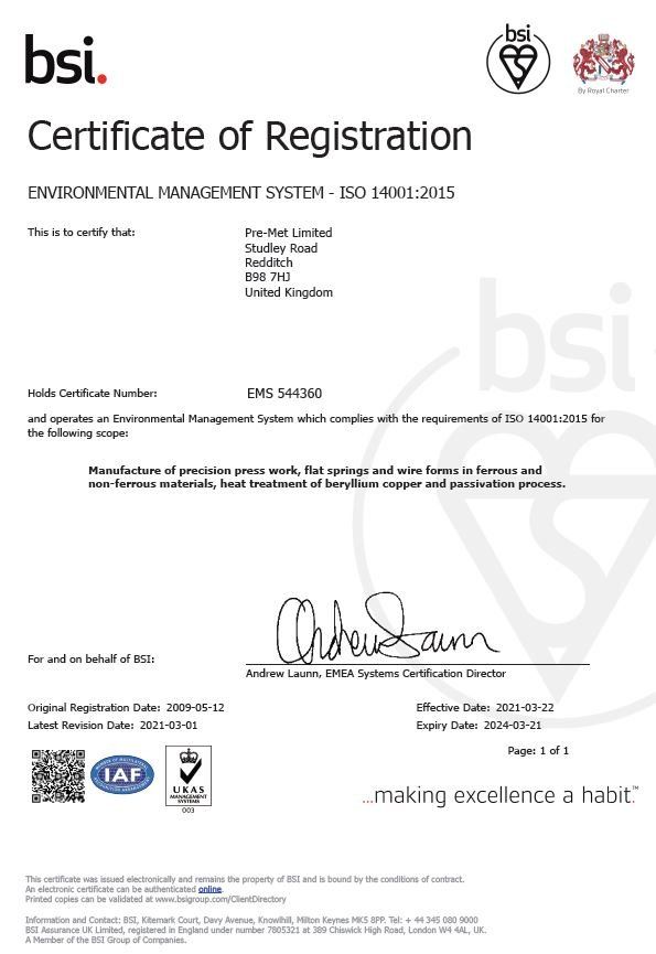 Certificate of Registration from BSI, issued to The Pill Lane Radley, for an Environmental Management System.