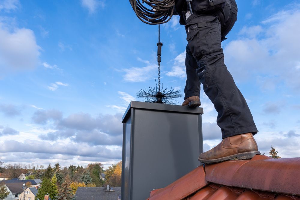 A man is standing on top of a chimney on a roof.