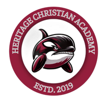 Heritage Christian Academy logo featuring a fierce orca with a maroon and white color scheme.