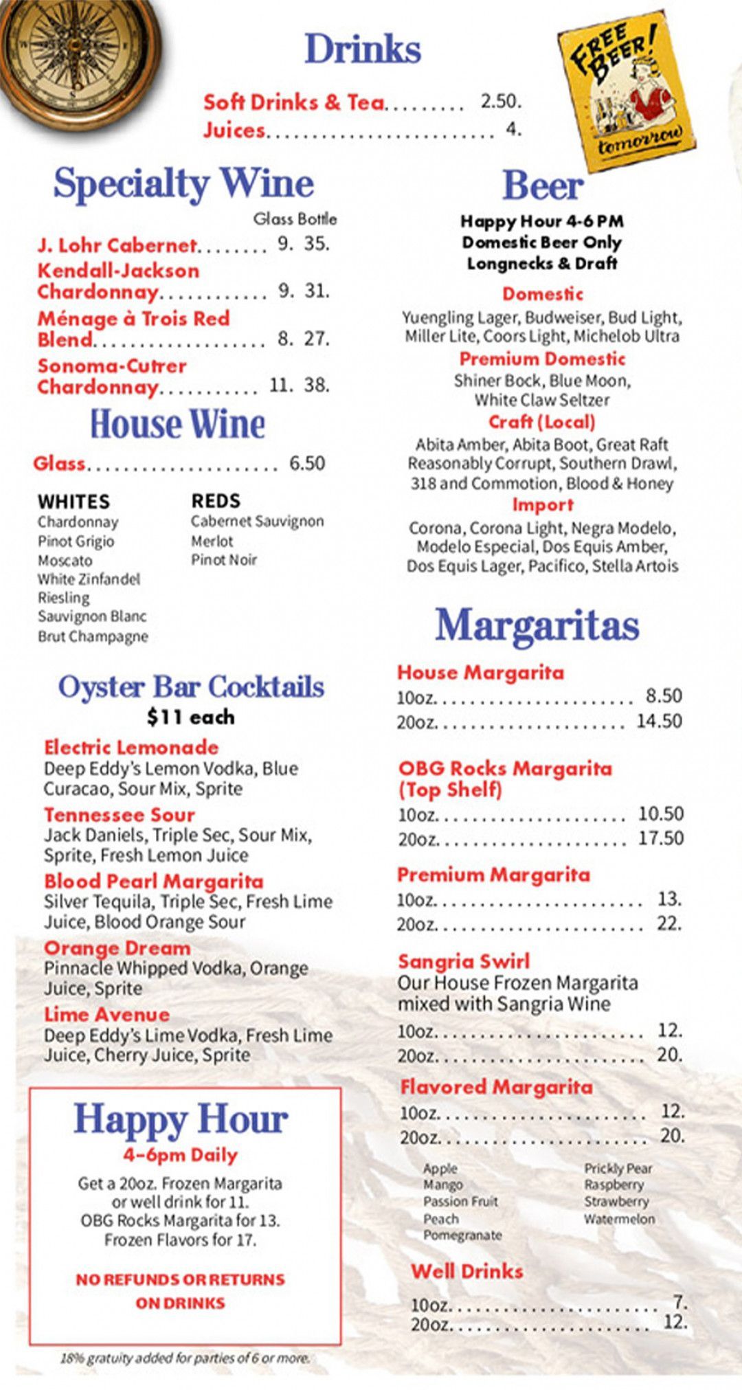 Menu for drinks and food, with beer, wine, margaritas, and oyster bar.