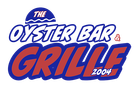 Logo for The Oyster Bar & Grille, red and blue text, with a wave graphic above. The year "2004" is below the word "Grille".