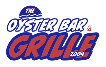 Logo for The Oyster Bar & Grille, red and blue text, with a wave graphic above. The year "2004" is below the word "Grille".