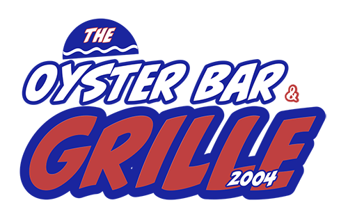 Logo for The Oyster Bar & Grille, red and blue text, with a wave graphic above. The year "2004" is below the word "Grille".