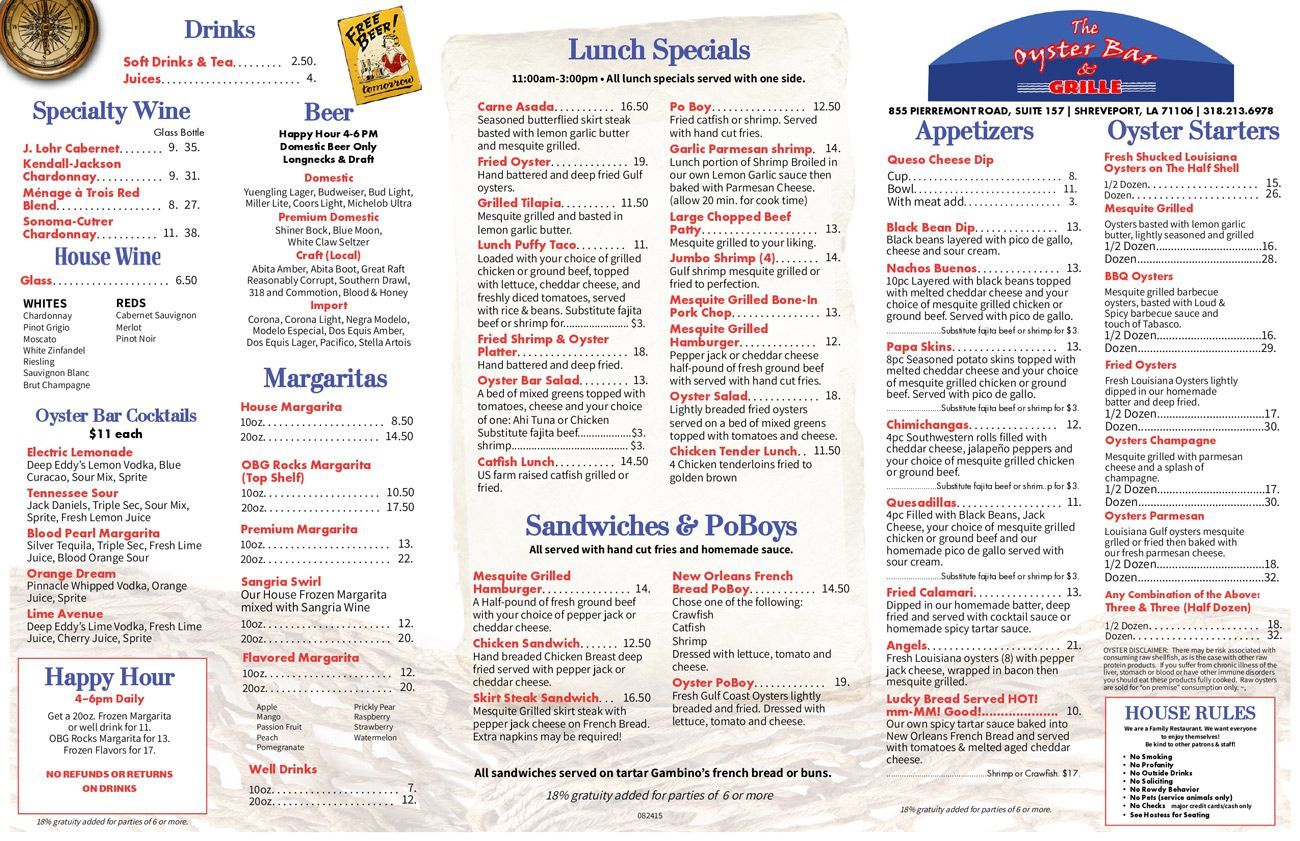 Menu for The Blue Crab, listing drinks, lunch specials, sandwiches, and appetizers.