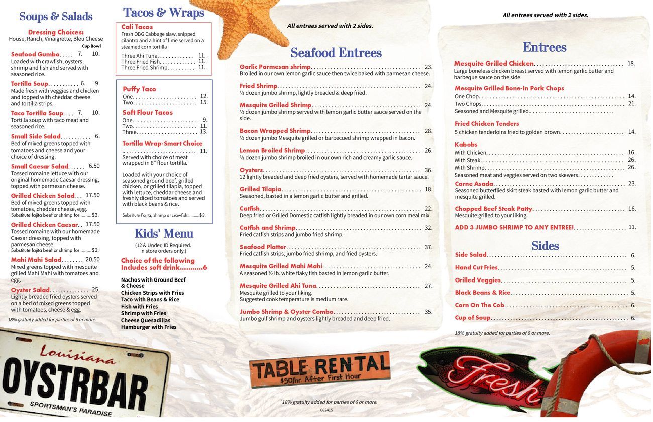 Menu from Louisiana Oysterbar with seafood and sandwiches.