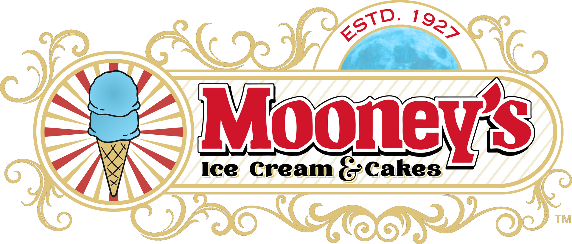 Mooney’s Ice Cream & Cakes logo with blue ice cream cone and gold decorative border