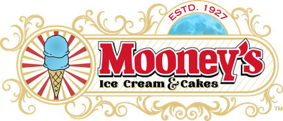 Mooney&rsquo;s Ice Cream & Cakes logo with blue ice cream cone and gold decorative border
