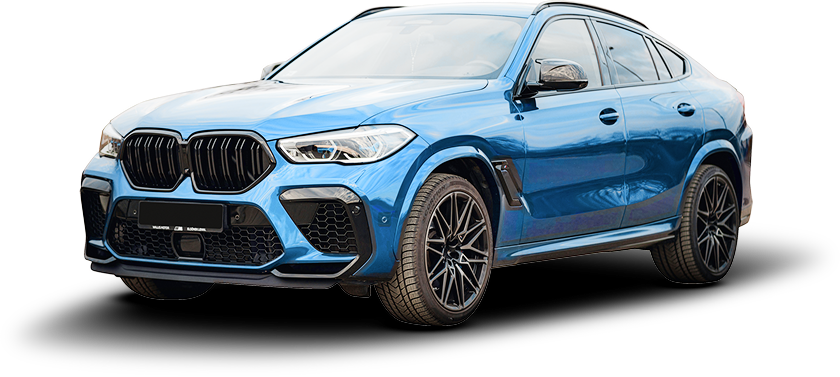 A metallic blue BMW X6 M SUV with black wheels and a black grille, shown against a white background. | Airpark Auto Pros