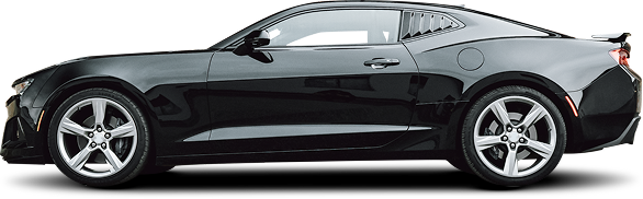 A side view of a sleek, black Chevrolet Camaro coupe parked against a white background. | Airpark Auto Pros